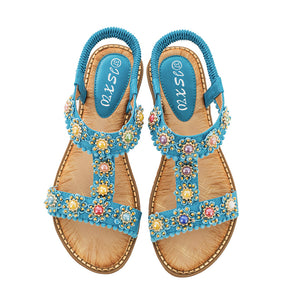 Gykaeo Bohemian Style Casual Women's Sandals 2019 Female Fashion Round Toe Crystal Flat Bottom Beach Shoes Women Summer Sandals