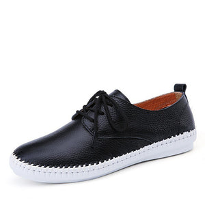 STQ 2020 Spring Women Ballet Flats Oxford Flat Shoes Soft Leather Shoes Ladies Lace Up White Black Loafers Flats Boat Shoes B16