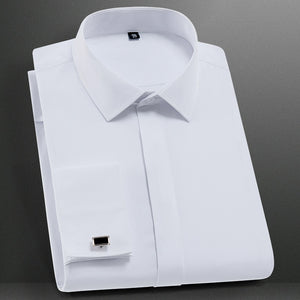 Men's Classic French Cuffs Solid Dress Shirt Covered Placket Formal Business Standard-fit Long Sleeve Shirts (Cufflink Included)