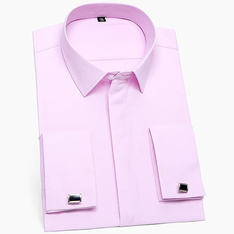 Men's Classic French Cuffs Solid Dress Shirt Covered Placket Formal Business Standard-fit Long Sleeve Shirts (Cufflink Included)