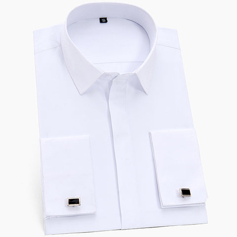 Men's Classic French Cuffs Solid Dress Shirt Covered Placket Formal Business Standard-fit Long Sleeve Shirts (Cufflink Included)