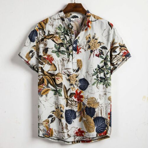 Men Linen Short Sleeve Shirt Summer Floral Loose Baggy Casual Holiday Shirts Tee Tops