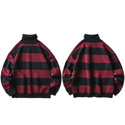 2019 Mens Striped Sweater Pullover Hip Hop Streetwear Retro Turtleneck Sweater Harajuku Knitted Sweaters Black Red Autumn Winter