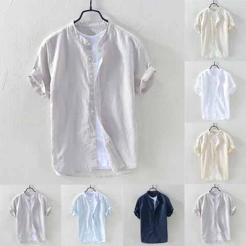 2019 hot Men's Baggy Cotton Blend Solid Short Sleeve Button Retro  Tops Blouse Dropshipping Discount Free Shipping
