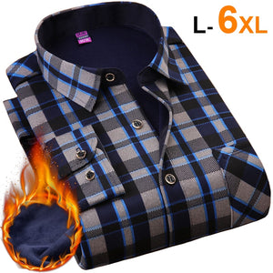 NIGRITY Autumn Winter Mens Long Sleeve Plaid Warm Thick Fleece Lined Shirt Fashion Soft Casual Flannel Shirt Plus Big Size L-6XL