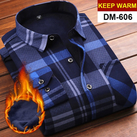 NIGRITY Autumn Winter Mens Long Sleeve Plaid Warm Thick Fleece Lined Shirt Fashion Soft Casual Flannel Shirt Plus Big Size L-6XL