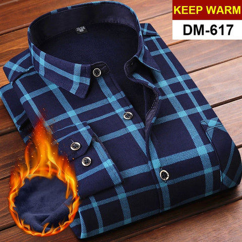 NIGRITY Autumn Winter Mens Long Sleeve Plaid Warm Thick Fleece Lined Shirt Fashion Soft Casual Flannel Shirt Plus Big Size L-6XL