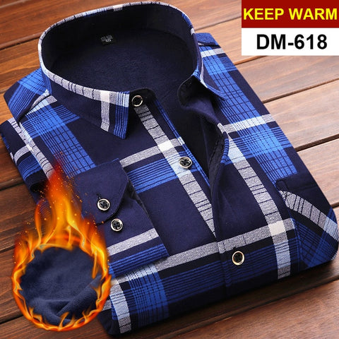 NIGRITY Autumn Winter Mens Long Sleeve Plaid Warm Thick Fleece Lined Shirt Fashion Soft Casual Flannel Shirt Plus Big Size L-6XL