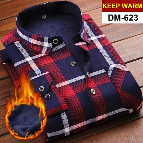 NIGRITY Autumn Winter Mens Long Sleeve Plaid Warm Thick Fleece Lined Shirt Fashion Soft Casual Flannel Shirt Plus Big Size L-6XL