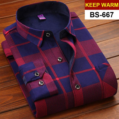 NIGRITY Autumn Winter Mens Long Sleeve Plaid Warm Thick Fleece Lined Shirt Fashion Soft Casual Flannel Shirt Plus Big Size L-6XL