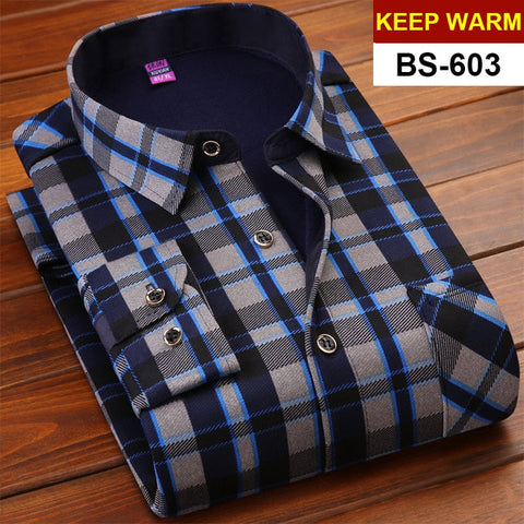 NIGRITY Autumn Winter Mens Long Sleeve Plaid Warm Thick Fleece Lined Shirt Fashion Soft Casual Flannel Shirt Plus Big Size L-6XL