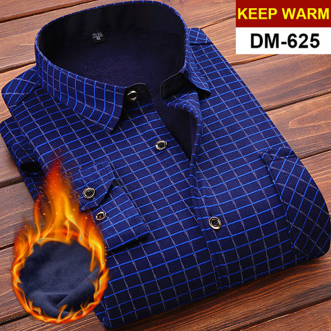 NIGRITY Autumn Winter Mens Long Sleeve Plaid Warm Thick Fleece Lined Shirt Fashion Soft Casual Flannel Shirt Plus Big Size L-6XL