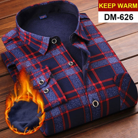 NIGRITY Autumn Winter Mens Long Sleeve Plaid Warm Thick Fleece Lined Shirt Fashion Soft Casual Flannel Shirt Plus Big Size L-6XL