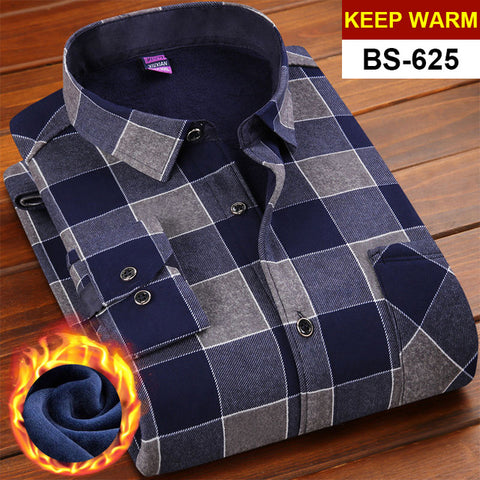 NIGRITY Autumn Winter Mens Long Sleeve Plaid Warm Thick Fleece Lined Shirt Fashion Soft Casual Flannel Shirt Plus Big Size L-6XL