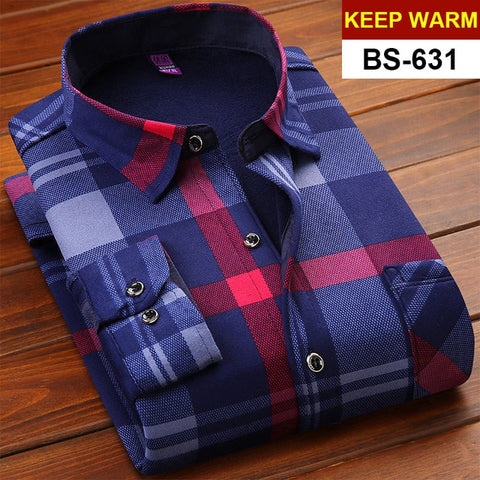 NIGRITY Autumn Winter Mens Long Sleeve Plaid Warm Thick Fleece Lined Shirt Fashion Soft Casual Flannel Shirt Plus Big Size L-6XL