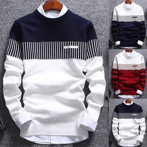 Fashion Men Sweater Color Block Patchwork O Neck Long Sleeve Knitted Sweater Top Blouse For Warm Men's Clothing