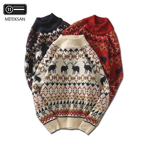 MITEKSAN New Christmas Men Sweater Knitwear Printed Deer Streetwear Jersey Pull Homme Half Turtleneck Vintage Sweater Man Joker