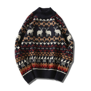 MITEKSAN New Christmas Men Sweater Knitwear Printed Deer Streetwear Jersey Pull Homme Half Turtleneck Vintage Sweater Man Joker