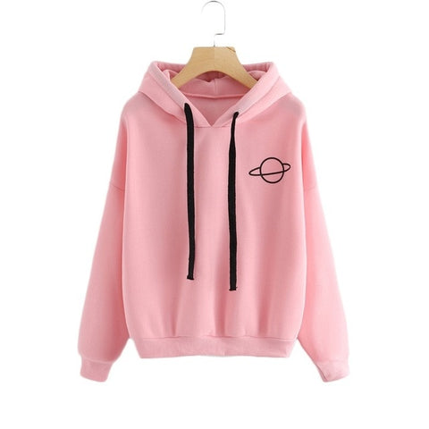 Women Hoodies Casual Kpop Planet Print Solid Loose Drawstring Sweatshirt Long Sleeve Hooded Autumn Female Pullover