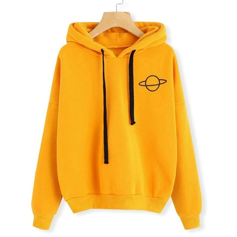 Women Hoodies Casual Kpop Planet Print Solid Loose Drawstring Sweatshirt Long Sleeve Hooded Autumn Female Pullover