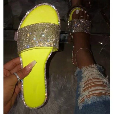 NAN JIU MOUNTAIN 2019 Summer Women's Flat Slippers Sandals Rhinestones Candy-colored Sole Stripes Sexy Party Woman Shoes