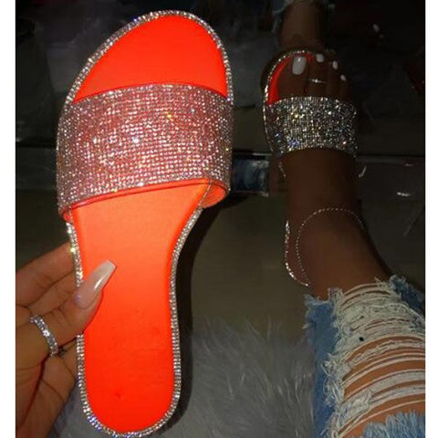 NAN JIU MOUNTAIN 2019 Summer Women's Flat Slippers Sandals Rhinestones Candy-colored Sole Stripes Sexy Party Woman Shoes