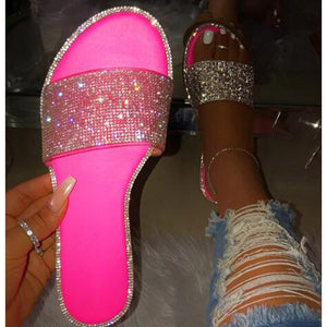 NAN JIU MOUNTAIN 2019 Summer Women's Flat Slippers Sandals Rhinestones Candy-colored Sole Stripes Sexy Party Woman Shoes