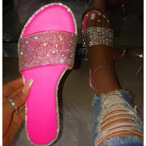 NAN JIU MOUNTAIN 2019 Summer Women's Flat Slippers Sandals Rhinestones Candy-colored Sole Stripes Sexy Party Woman Shoes