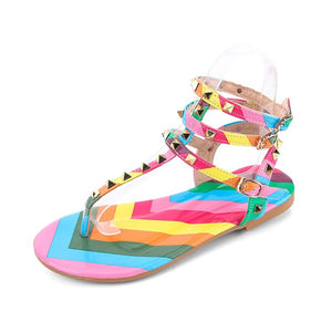 Women's Rivets Sandals Sweet Candy Color T Strap Rainbow Clip Toe Ankle Buckle Strap Comfortable Summer Woman Beach Shoes Female