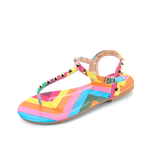 Women's Rivets Sandals Sweet Candy Color T Strap Rainbow Clip Toe Ankle Buckle Strap Comfortable Summer Woman Beach Shoes Female