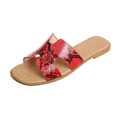 Women's Sandals Summer Ladies Girl Casual Sandals Women's Falt Brand Snake Pattern Black Red Slippers Flat Heels Women's Shoes