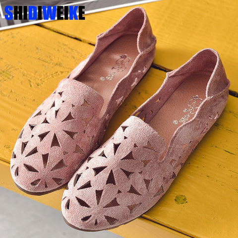 Summer Women Flat Shoes Soft Casual Loafers Female Ballet Flats Sweet Cut Out Suede Slip On Moccasins Breathable Ladies Footwear