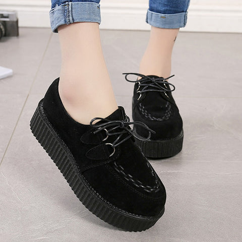 Fashion Creepers Platform Shoes Women Flats Black Casual Suede Ladies Shoes Lace-Up Creepers Shoes Female Footwear Plus Size 41