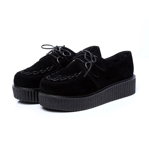 Fashion Creepers Platform Shoes Women Flats Black Casual Suede Ladies Shoes Lace-Up Creepers Shoes Female Footwear Plus Size 41