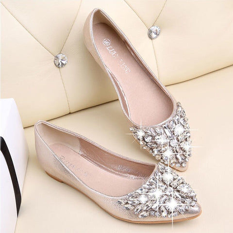 Fashion Women Ballet Shoes Leisure Spring Pointy Ballerina Bling Rhinestone Flats Shoes Princess Shiny Crystal Wedding Shoes