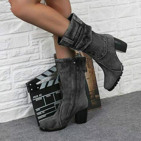 Sexy Jean Boots Women's Mid Calf Boot Zipper High Heel Woman Stylish Jeans Boots Ladies Denim Boot Female Shoes Cowboy 2019 New