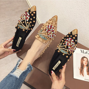 SWYIVY Woman Flats Loafers Shoes Rhinestone Crystal Loafers Ladies Casual Shoes For Women Pointed-Toe Flats Spring and Autumn