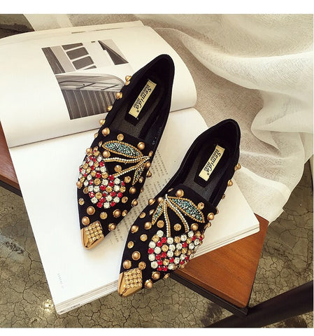 SWYIVY Woman Flats Loafers Shoes Rhinestone Crystal Loafers Ladies Casual Shoes For Women Pointed-Toe Flats Spring and Autumn