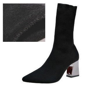 JIANBUDAN Women's sexy High Heels socks boots Autumn winter fashion Knitted Stretch boots Women Black Ankle Sock Boots 34-43