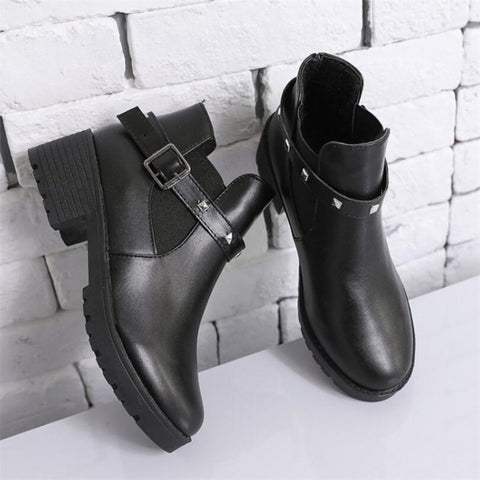 Mhysa 2019 Women Martin Boots Autumn Female Casual Shoes Woman Flat Fashion Rivet Round Toe Buckle Strap Comfortable Ankle Boots
