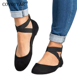 COVOYYAR Hot Women Ballet Flats 2019 Spring Autumn Elastic Strap Women Shoes Back Zipper Casual Black Shoes Big Sizes WFS944