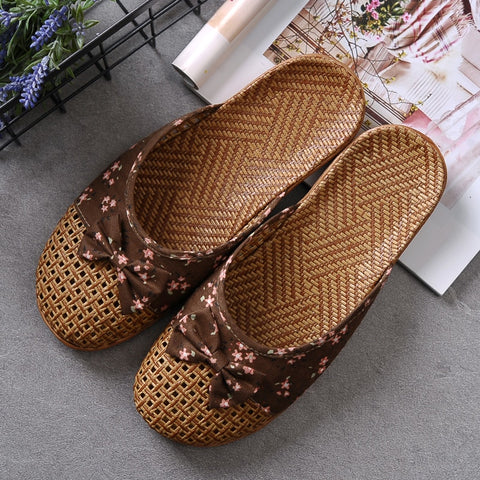 Summer Weaving Flax Home Slippers Women Rustic Style Refreshing Women's Shoes Cute Bow Weaving Breathable Sandals Flat Slides