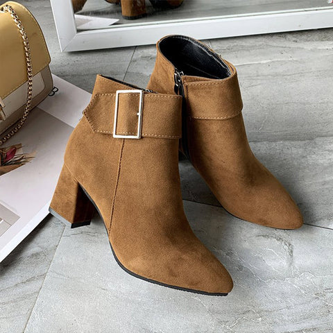 MCCKLE New Brand Women's Ankle Boots Zipper Mid Square Heels Platform For Ladies Buckle Footwear Women's Shoes Solid Mujer