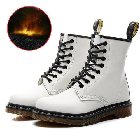 Winter Women Boots Leather Ankle Martenss Boots Casual DrBotas Motorcycle Shoes Warm Fur Yellow Line Shoes Doc Zapatos Mujer 48