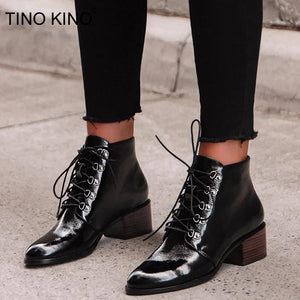 2020 New Women's Ankle Boots Spring Ladies Patent Leather Lace Up Boots Female Square Heels Pointed Toe Casual Woman Shoes