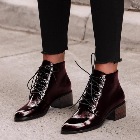 2020 New Women's Ankle Boots Spring Ladies Patent Leather Lace Up Boots Female Square Heels Pointed Toe Casual Woman Shoes