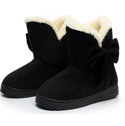 Women Boots Female winter boots Warmer Plush Bowtie Fur Suede Flat Slip On Ankle Snow Boots Women's Shoes Fashion Platform Black