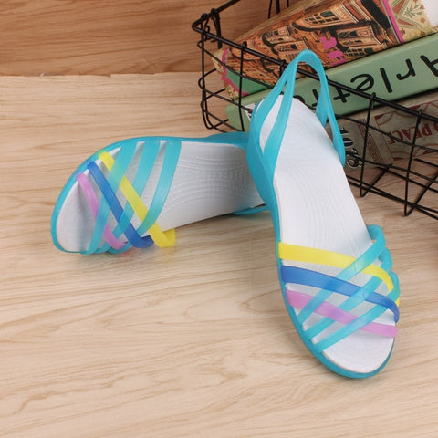 MCCKLE Women Jelly Shoes Rainbow Summer Sandals Female Flat Shoes Ladies Slip On Woman Candy Color Peep Toe Women's Beach Shoes