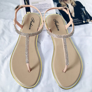 Koovan Women's Shoes Summer New Rhinestone Flat Shoes Clip T-type Strap Roman Shoes Low Flat Sandals Women Plastic Sandals Beach