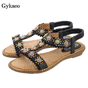 Gykaeo Bohemian Style Casual Women's Sandals 2019 Female Fashion Round Toe Crystal Flat Bottom Beach Shoes Women Summer Sandals